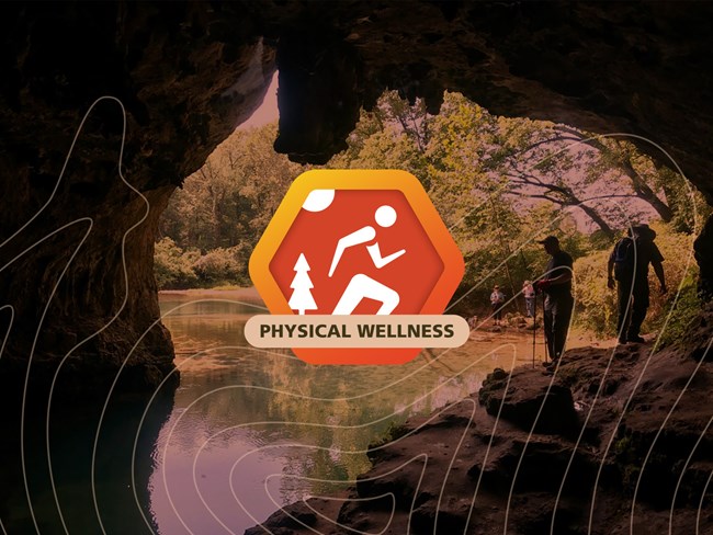 Physical wellness an orange hexagon graphic of a person running on top of an orange tinted photo of people standing at the entrance of a cave filled with water and flowing into the river