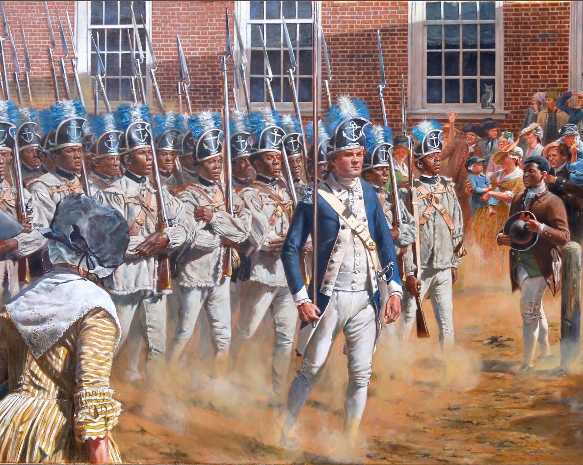 P24AS00516_t Highlight Image_24-0625_Newport Historical Society - Copy The painting depicts Black Soldiers marching in a disciplined column, kicking-up dust from the city street, as civilians watch them go by, like a parade.