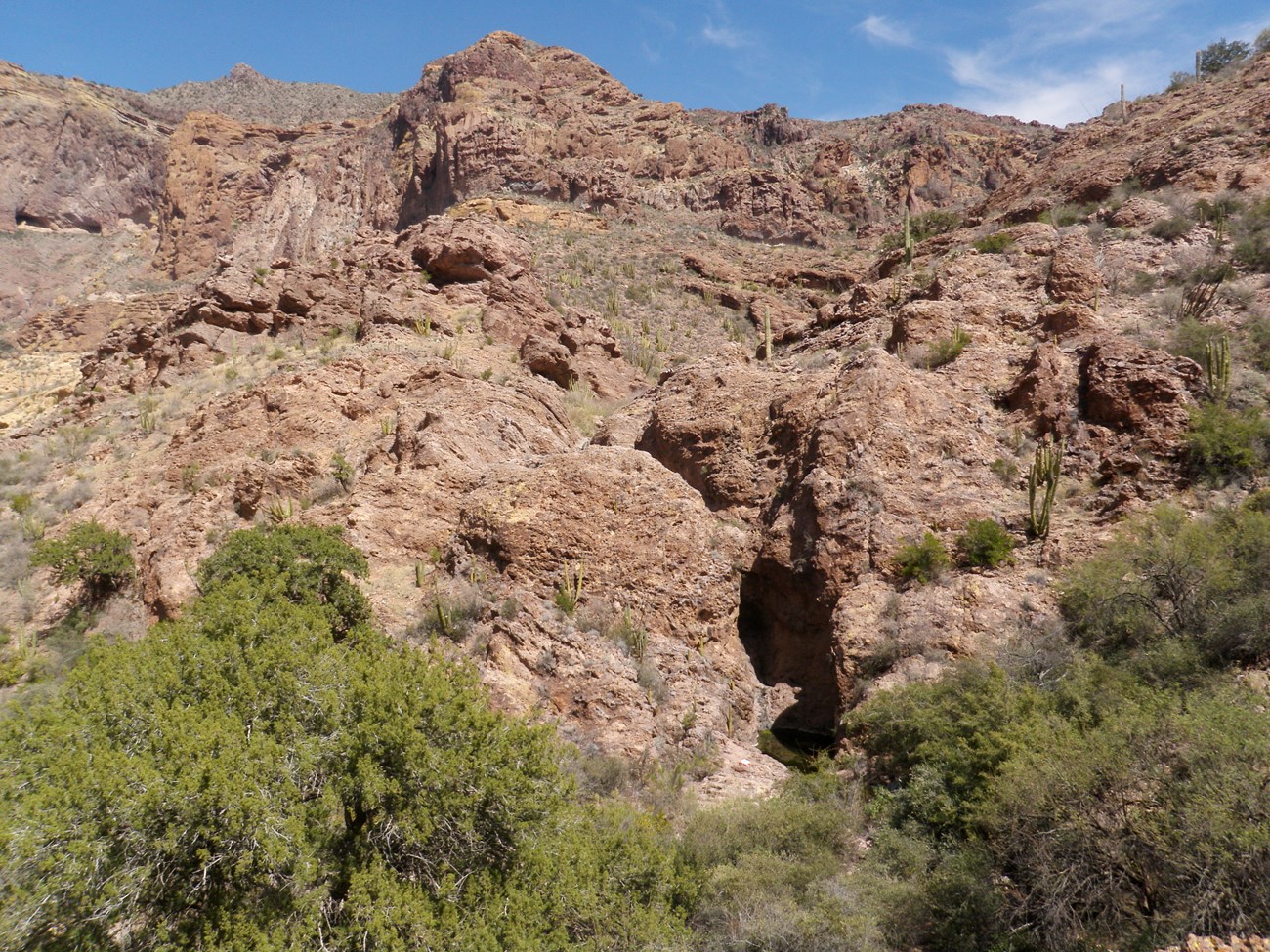 The view up a mountain slope as seen from a drainage. Vegetation is concentrated near the photo-point, and the slope becomes dominated by exposed reddish rock.