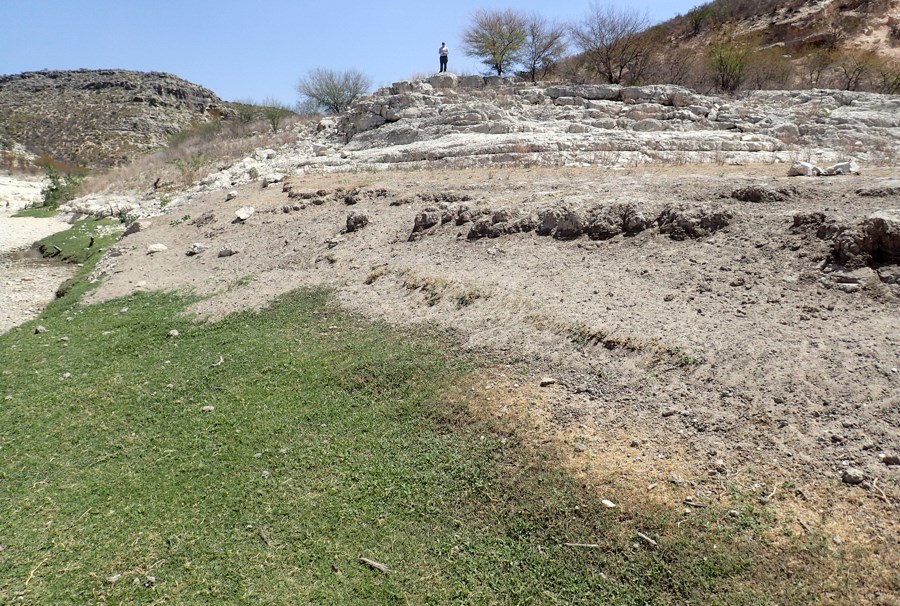 A drainage that is otherwise covered in white/tan dirt and rock is bordered by a dense strip of green grass.