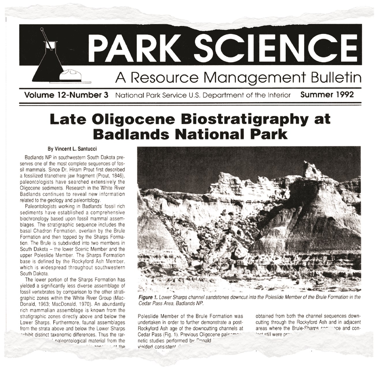 PARRY_BADL_Fig_2 Clip of front page of Park Science bulletin, summer 1992. Next to the title is a cartoon of a ranger flat hat and a chemistry flask. The article features a black and white photograph of eroded badlands.