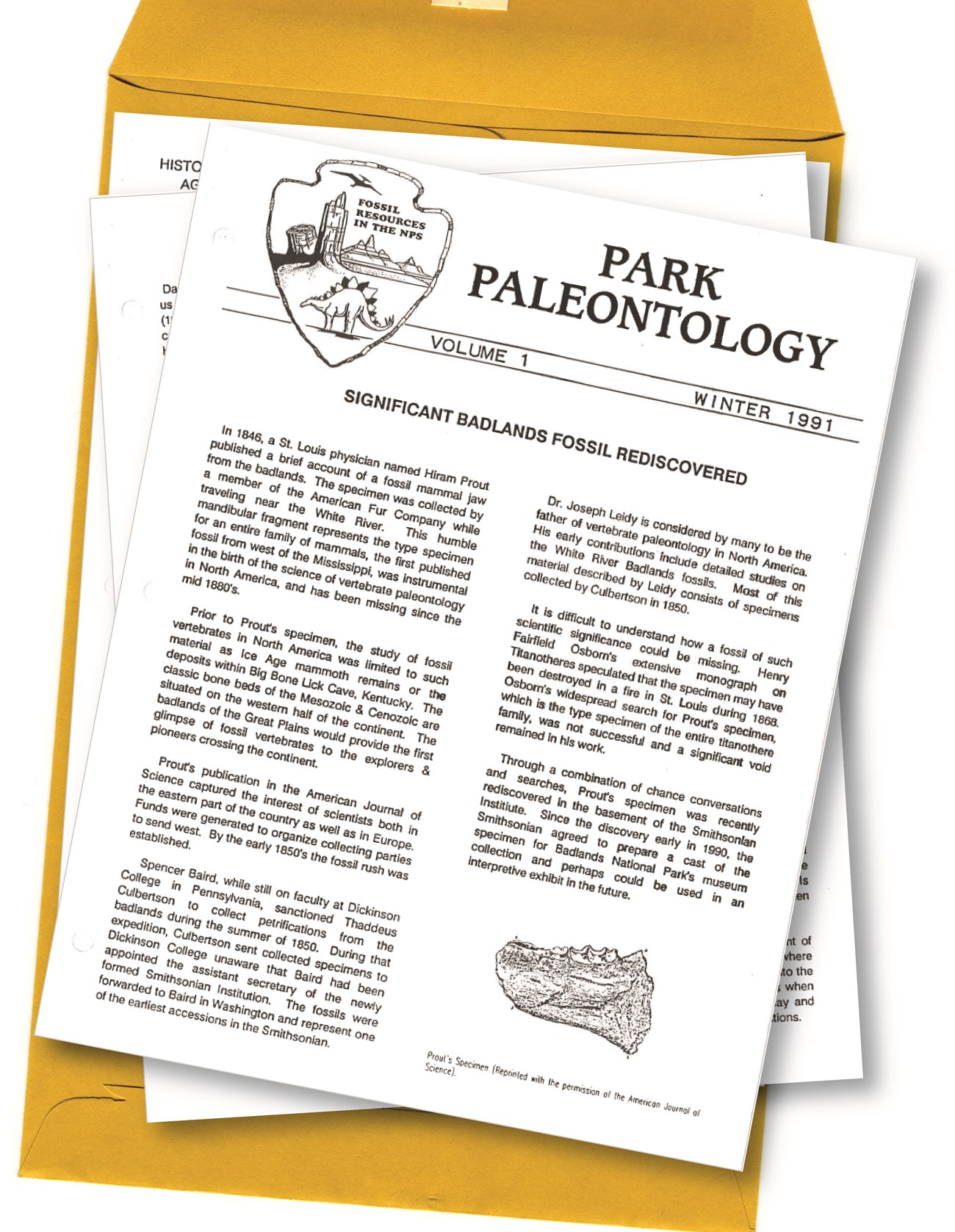 PARRY_BADL_Fig_4 The first Park Paleontology newsletter stacked on top of a manila envelope. An arrowhead-shaped logo with a stegosaurus, pterosaur, badlands, and petrified wood reading “Fossil resources in the NPS” is at the top.