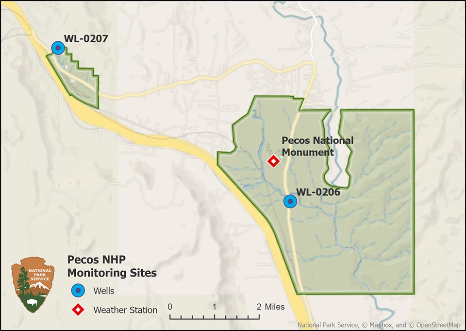 Map of weather station and wells Map of Pecos National Historical Park with a well and weather station in the main unit and a well to the northwest in the Pigeon's Ranch unit.
