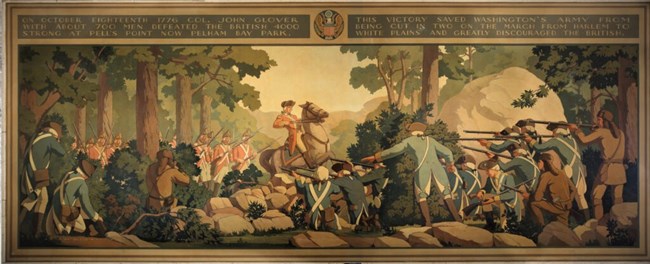 mural, showing soldiers, with weapons, and man on horse