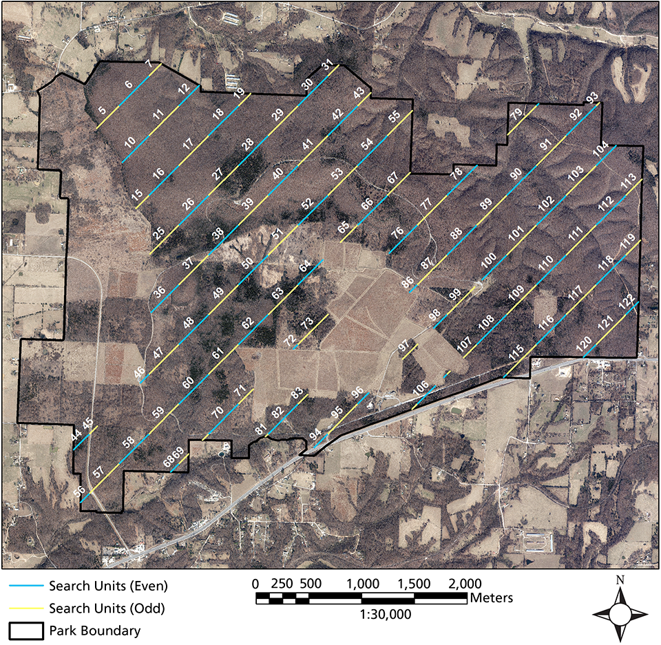Map of problematic plant monitoring transects Map of 101 line transects spread across Pea Ridge National Military Park