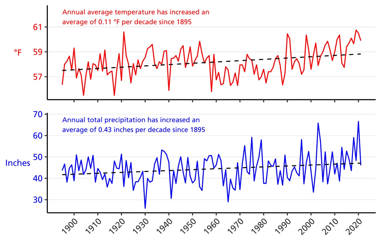 Line graph of annual average temperature (°F) and annual total precipitation (in.) for counties surrounding the park from 1895–2021 showing increases in both parameters. Line graph of annual average temperature (°F) and annual total precipitation (in.) for counties surrounding the park from 1895–2021 showing increases in both parameters.