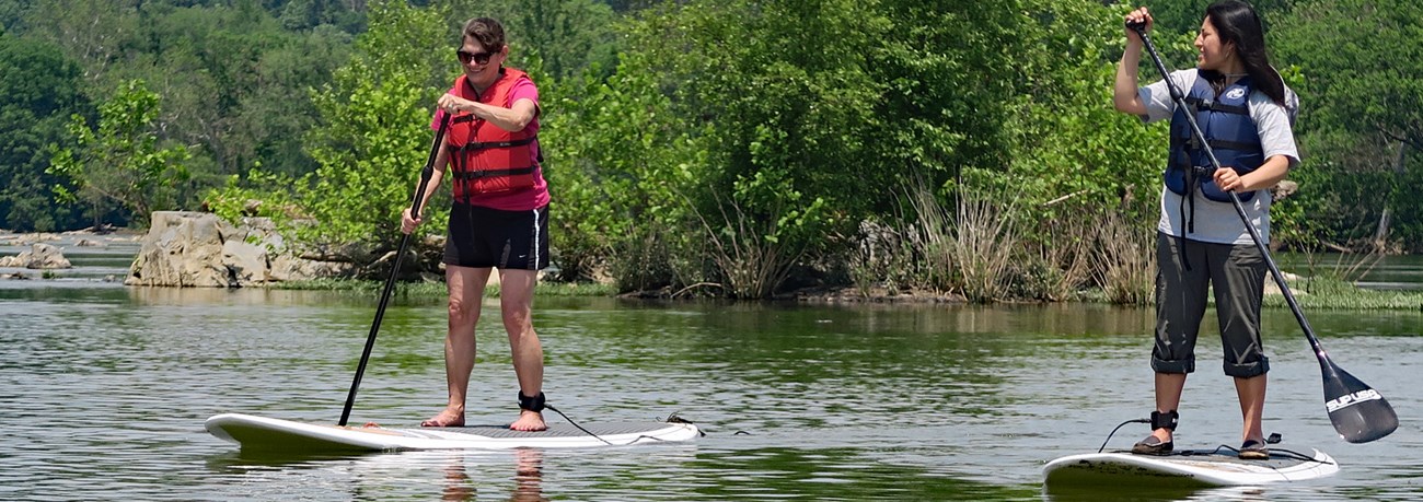 Two paddleboarders on a river