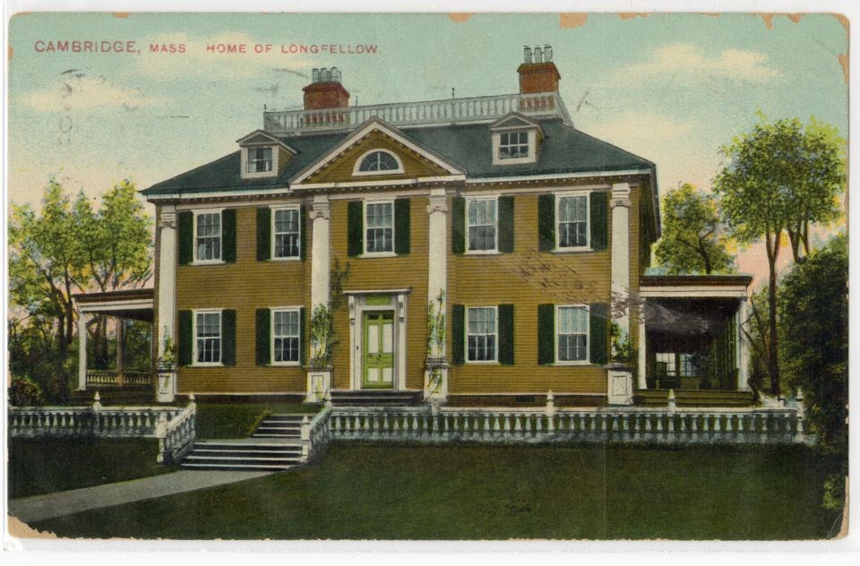 Postcard of yellow mansion captioned Home of Longfellow