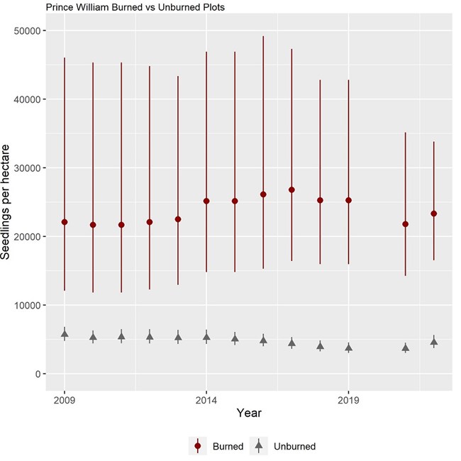 PRWI_Fire_Plot Graph with seedlings per hectare on the y-axis ranging from 0 to 50,000 and year on the x-axis ranging from 2009-2019.