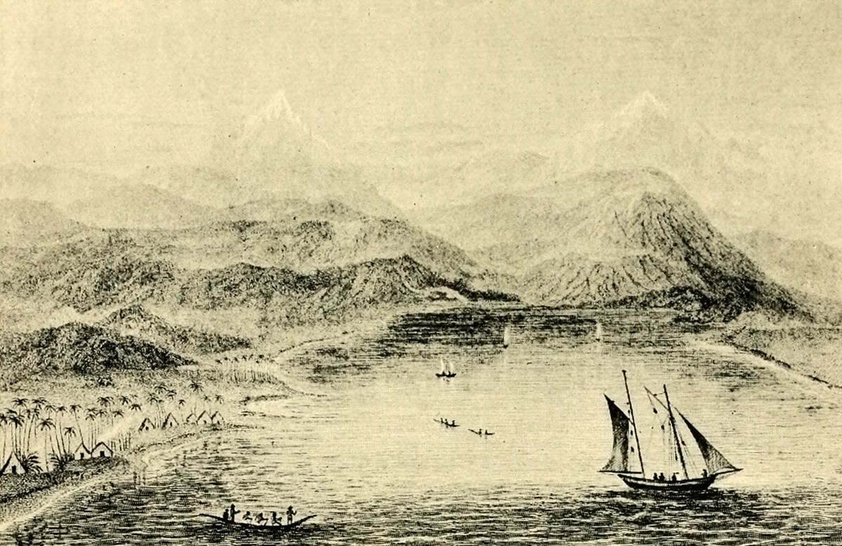 A yellow illustration of Kawaihae Bay depicting boats, homes, and a mountain range.