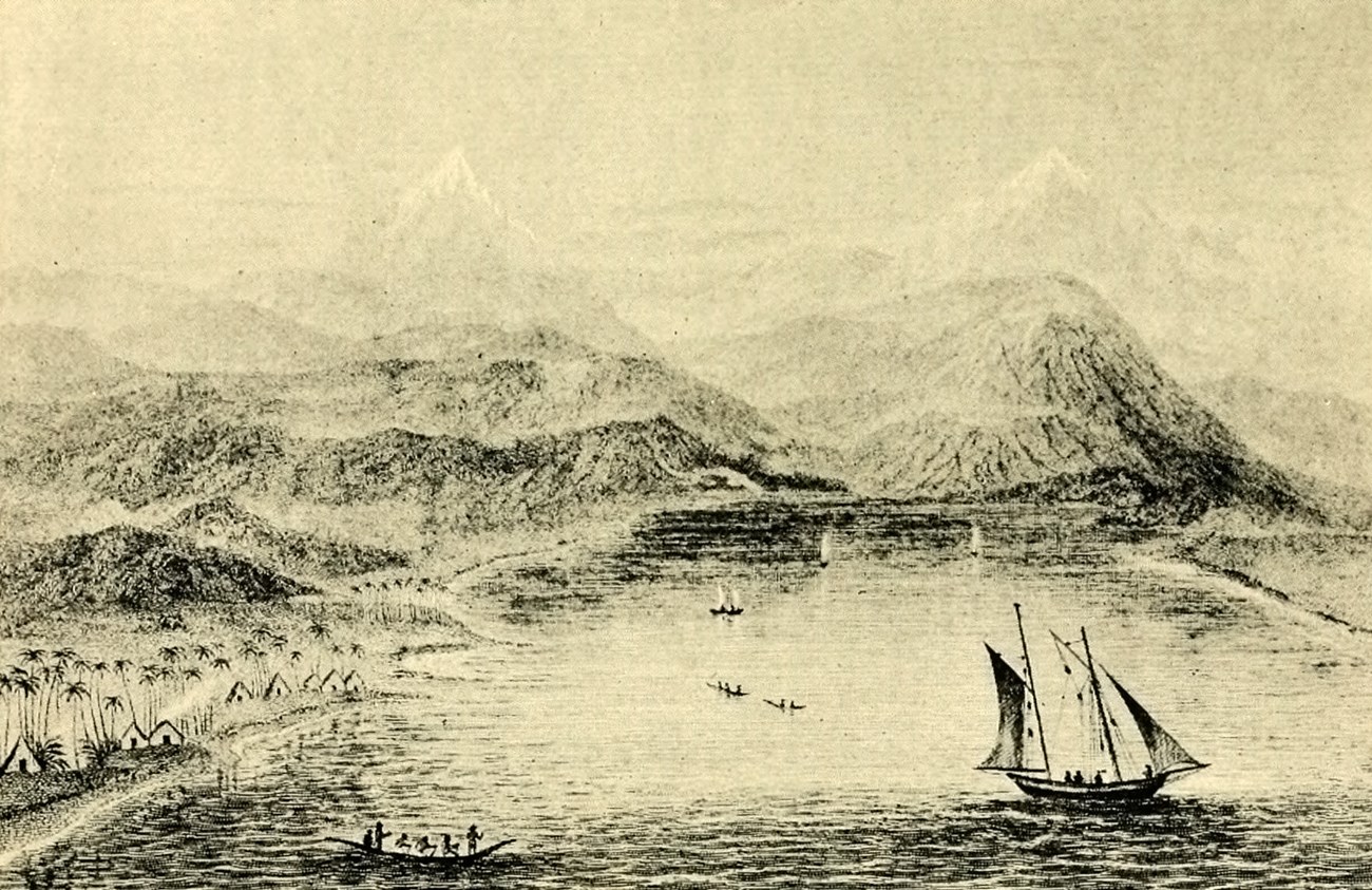 Kawaihae Bay in 1822 A yellow illustration of Kawaihae Bay depicting boats, homes, and a mountain range.
