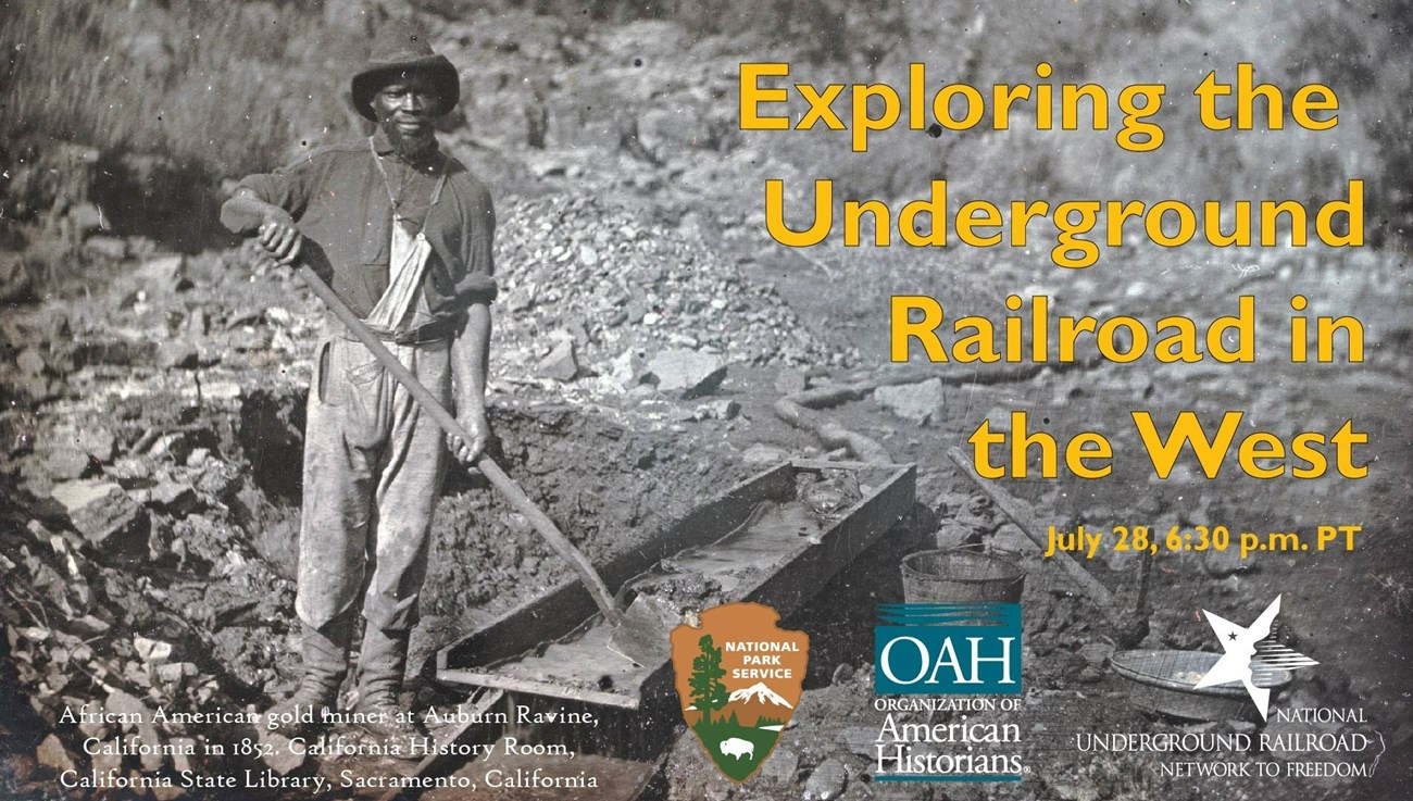 African American gold miner in California's Sierra Nevadas, 1852 Black man in work clothes holds shovel and stands next to stream, mining for gold
