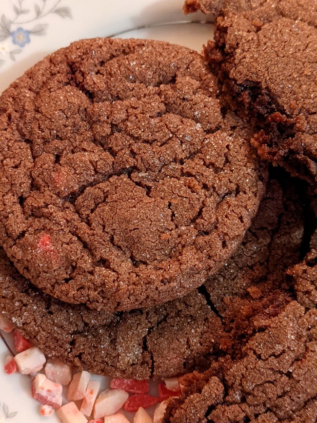 A few brown crackled cookies lay atop a patterned tablecloth.