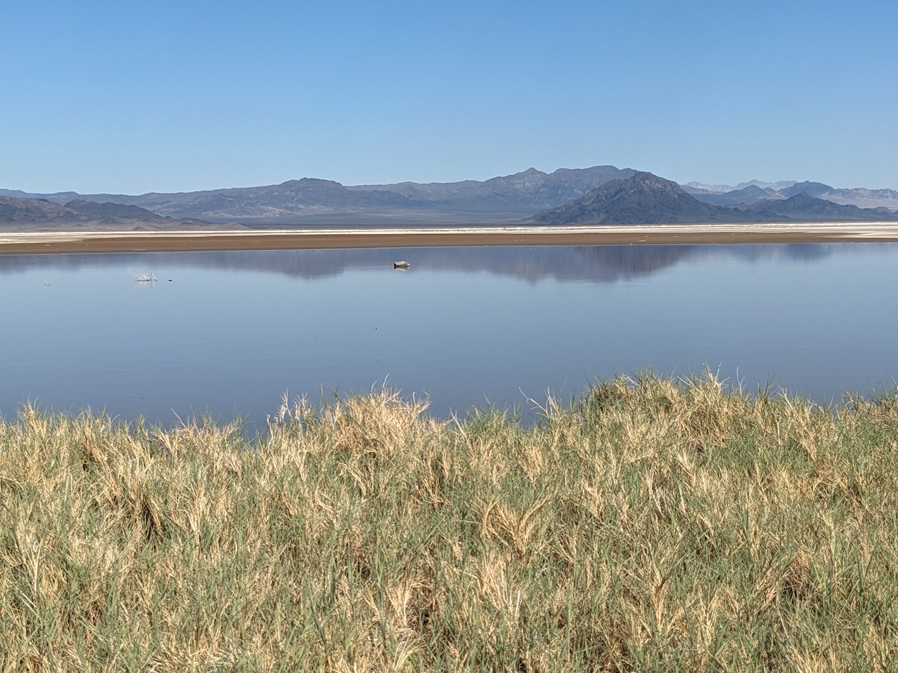 Often dry lakebed filled with water An expanse of shallow water is a temporary lake in the Mojave Desert, reflecting mountains on the opposite lakeshore..