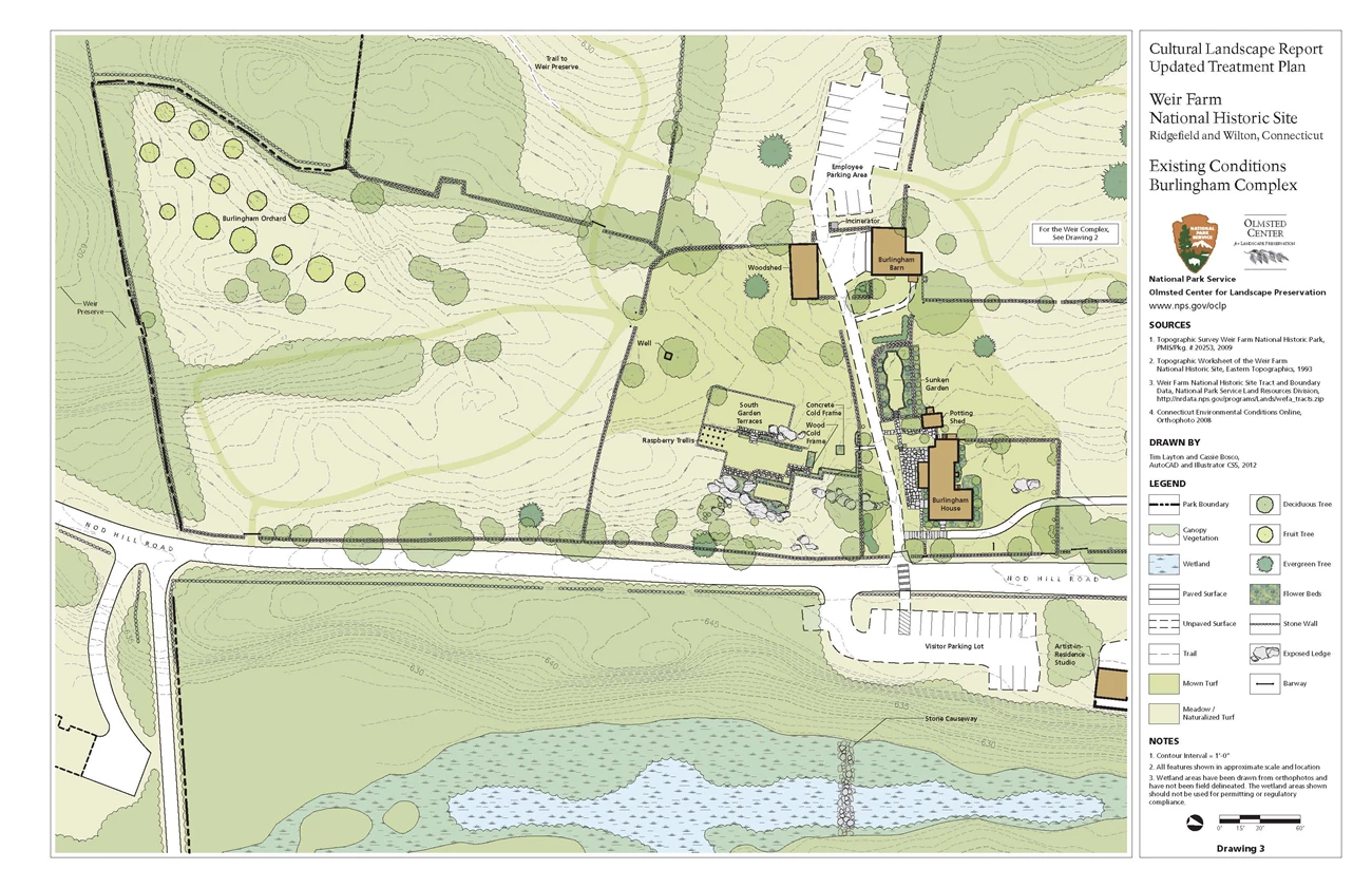 WEFA CLR Burlingham Complex 2012 Labeled site plan shows 2012 features of the Burlingham Complex area at Weir Farm, with the stone causeway at center bottom.