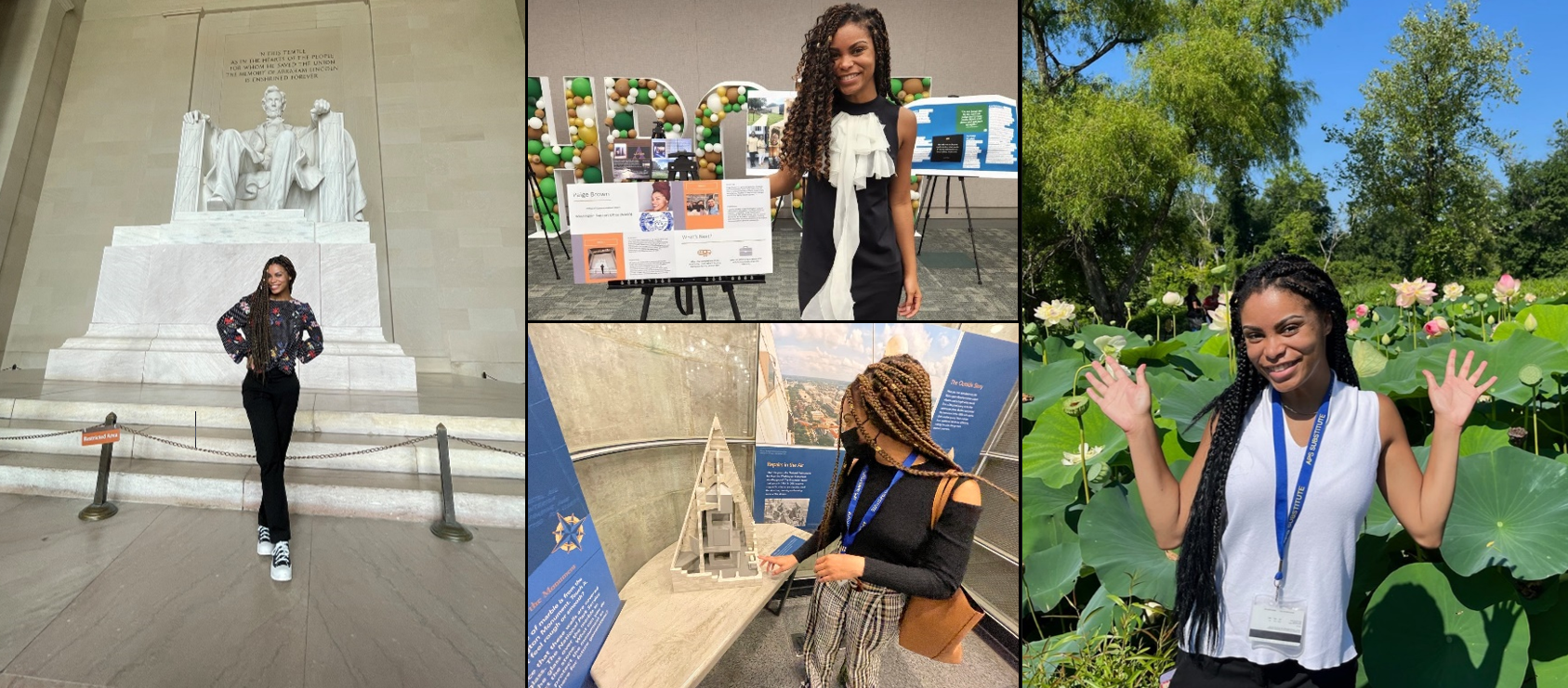 Four pictures of Paige: Paige standing in front of a statue of Abraham Lincoln, Paige next to a poster, Paige next to a miniature of the Washington Monument tip, and Paige standing in front of pink lotuses