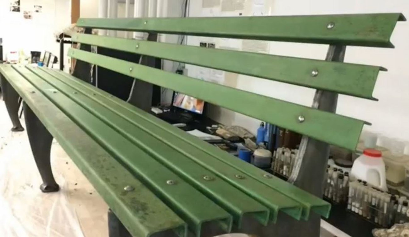 Paint removed from benches to reveal original color. Paint removed from benches to reveal original color.