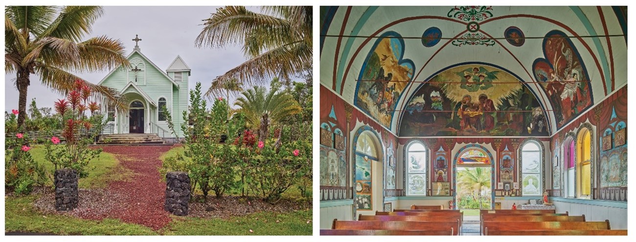 Painted Churches HI (Left) a small wooden church with a belfry on the side. (Right) interior of a church with colorful religious paintings on the walls and ceiling