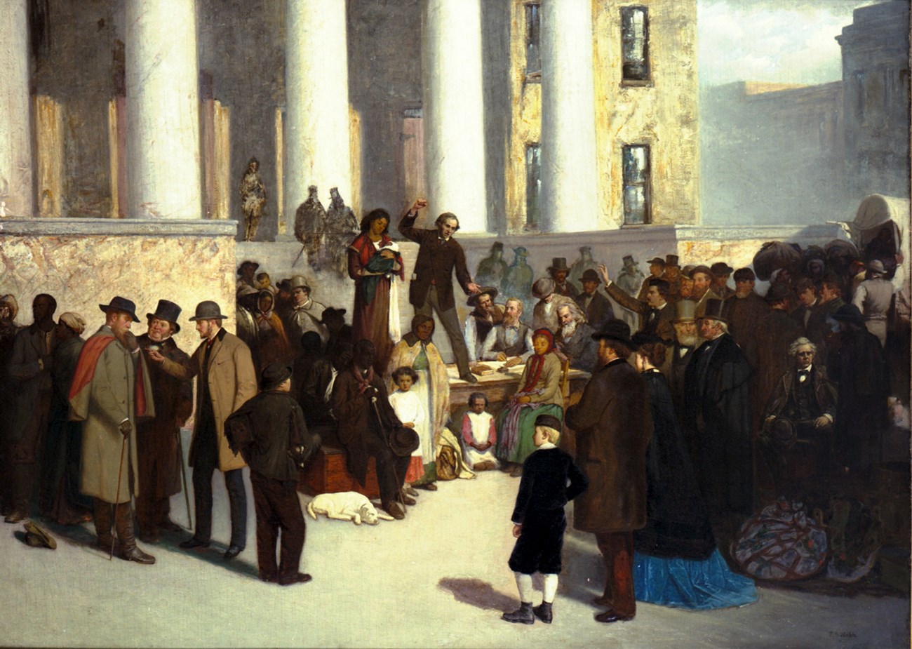 The image is of a scene on St. Louis Court House steps, January 1, 1861, when a group of abolitionists bid deliberately low to undermine the practice of selling slaves