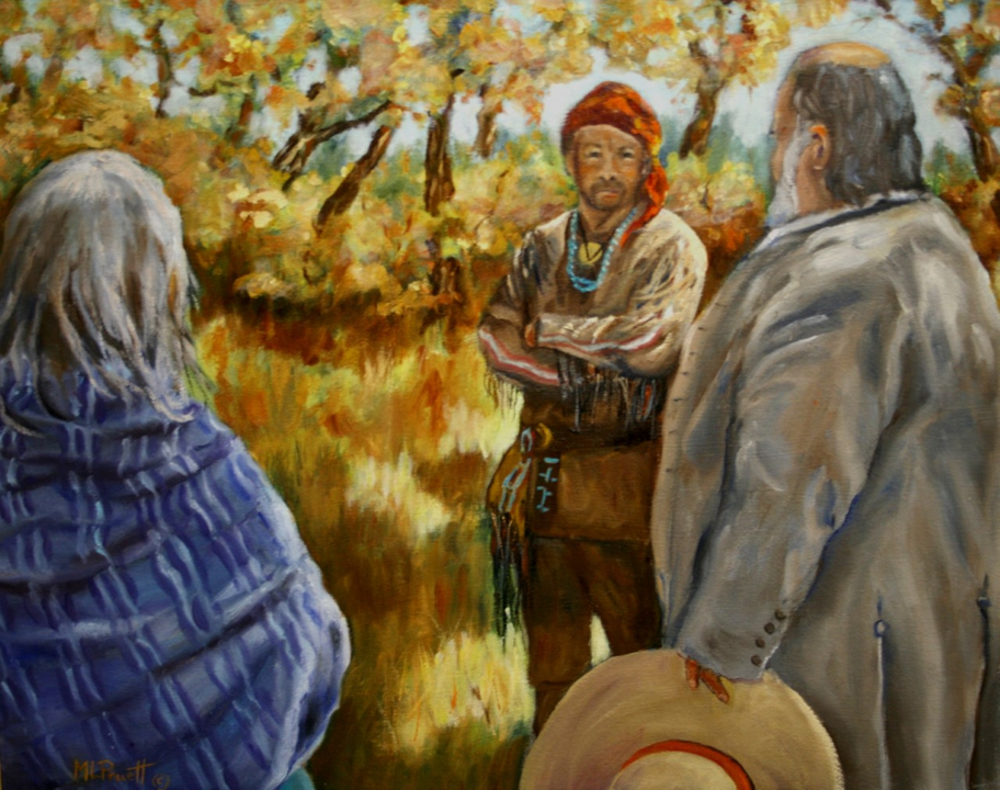 A mountain man talks with a Santa Fe Trial trader in a grassy field