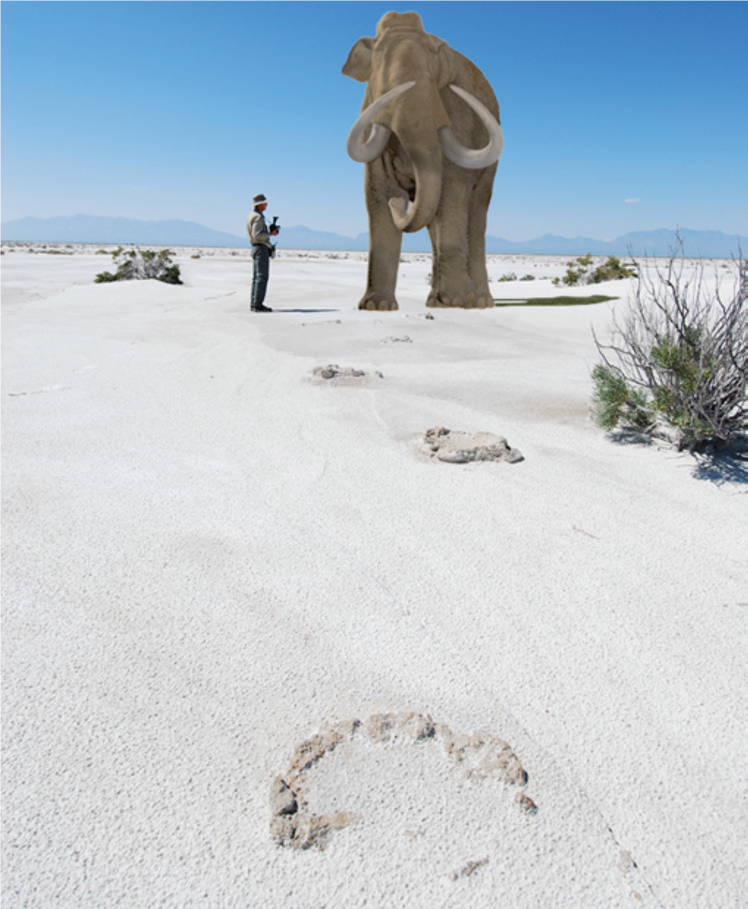 Parry_Figure_4 photo illustration of a person standing next to a mammoth on white gypsum sand dunes