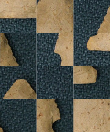 Scrambled photo of a beige artifact on a blue background; the twelve pieces are scrambled into three columns of four pieces each; the outcome is visually nonsensical.