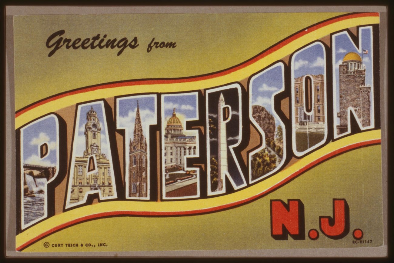 Color postcard of "Paterson" in letters with buildings illustrated in each letter.