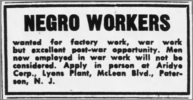 The Morning Call. Paterson, NJ 1944. Clipping from Newspaper with headline "Negro Workers"