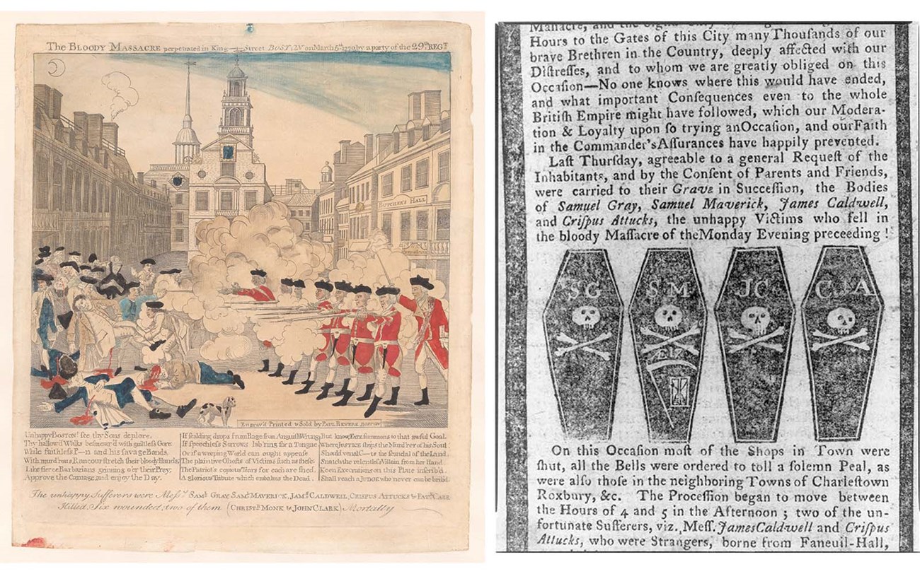 Two printed images by Paul Revere side by side, the one on the left depicts the Boston Massacre, the one on the right is 4 coffins of the dead.