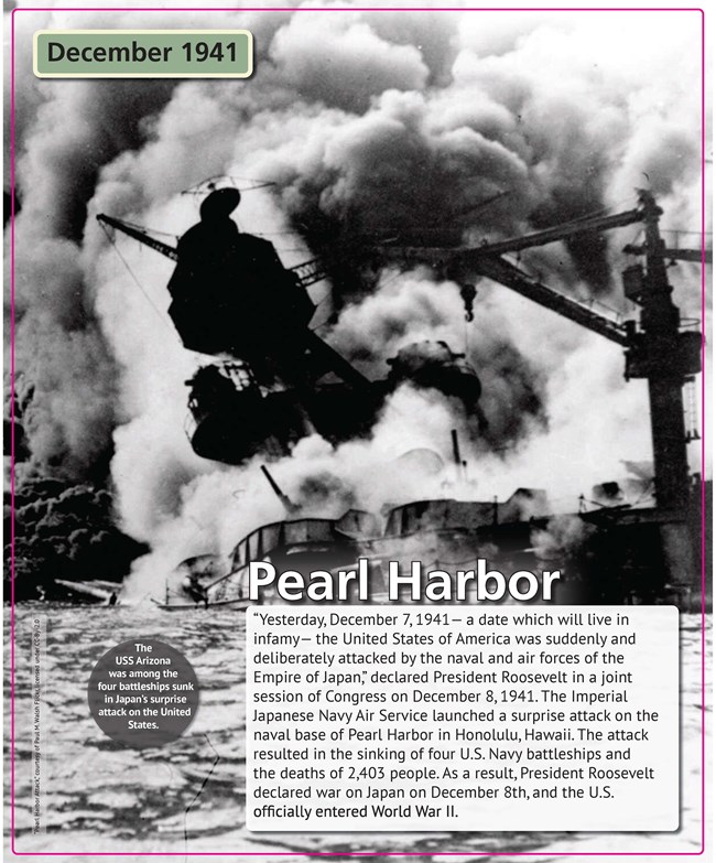Pearl Harbor A black-and-white photograph of the USS Arizona badly mangled and listing, engulfed in smoke and flames.