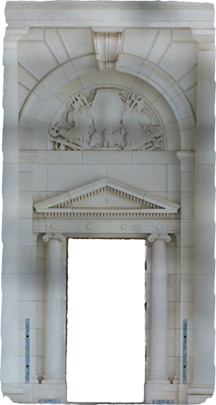 Pedimented Doorway Ortho-rectified image of a monumental highly decorated white marble pedimented doorway with columns and other neo-classical details.