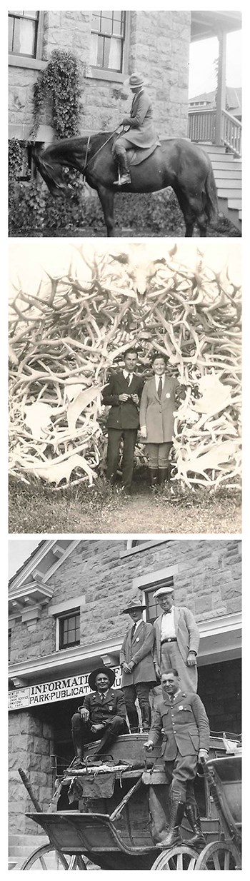 Collage of three images stacked on top of each other featuring Marguerite Lindsley as a permanent ranger wearing the standard NPS uniform with her approved alternative coat.