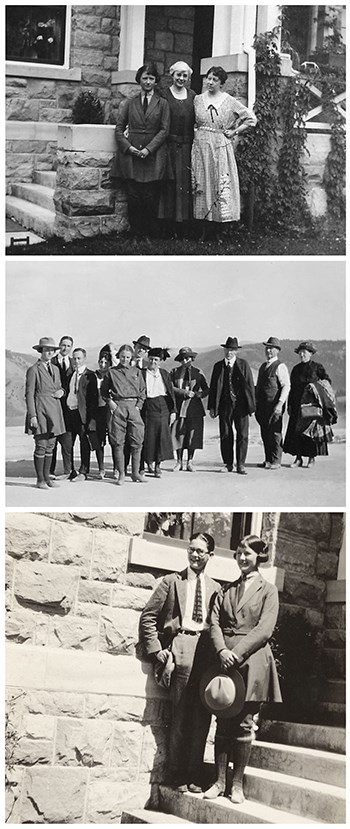 Lindsley dressed in the prescribed temporary ranger uniform, with a belted coat on top. She is on the far left in the middle photo. The bottom photo, also found in the Yellowstone archives, has a smeared ink date believed to be 1921. (Courtesy of the Arno
