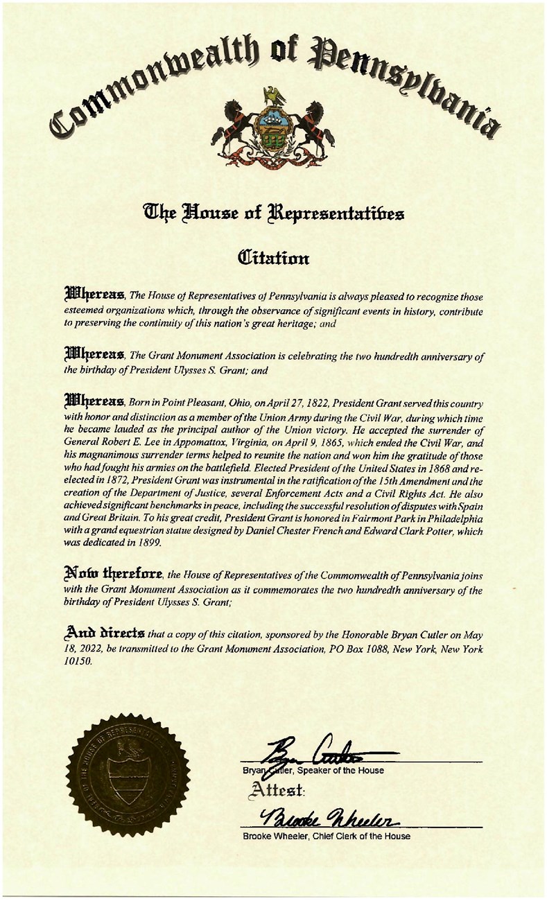 Message from Pennsylvania honoring the 200th anniversary of Ulysses S Grant's birthday.