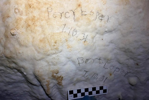 Inscriptions written by Percy and Bert Loper in Snake Creek Cave.