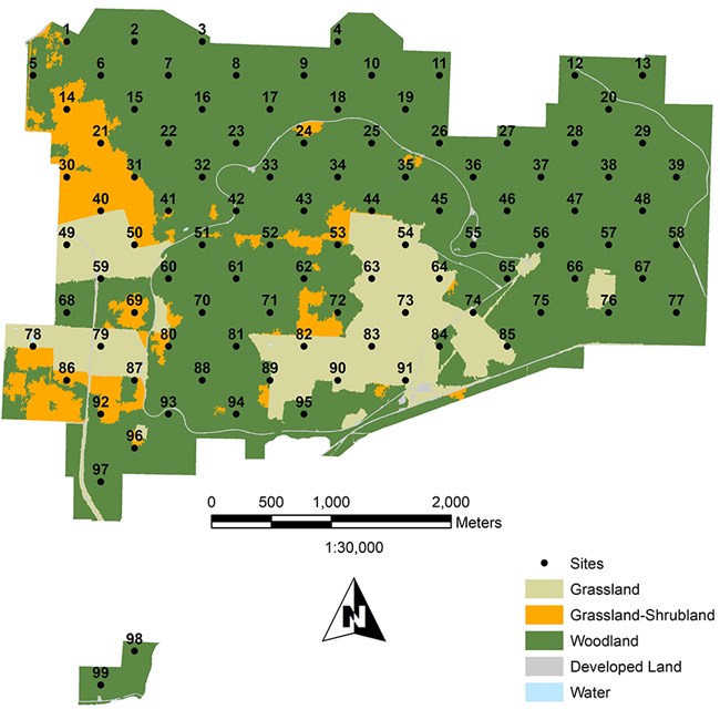 A map of Pea Ridge National Military Park with a grid of 97 numbered points spaced evenly across the park. Since woodlands make up most of the park, most points are in woodlands and the remainder are in grassland and grassland-shrubland.