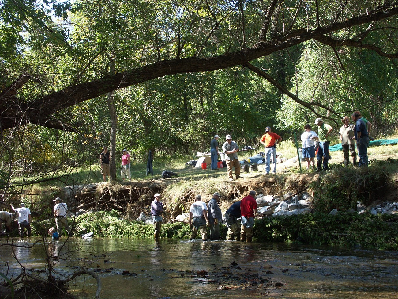 a group of people working along side a river.