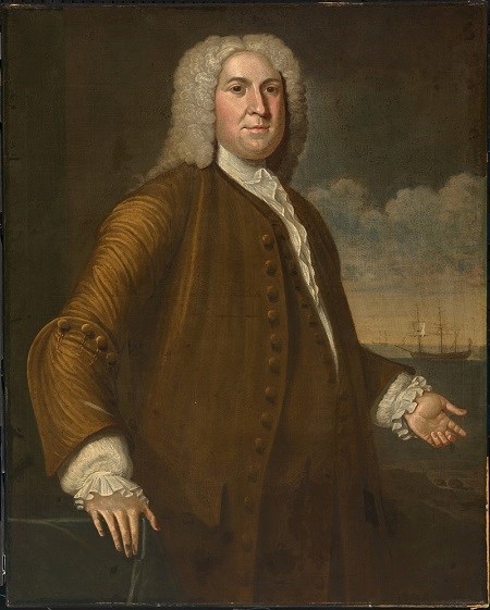 Portrait of a White man with a wig from the 1700s: Peter Faneuil.