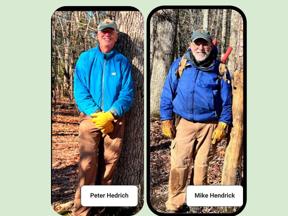 Peter and Mike Trail Volunteers Two photos of trail volunteers in the woods.