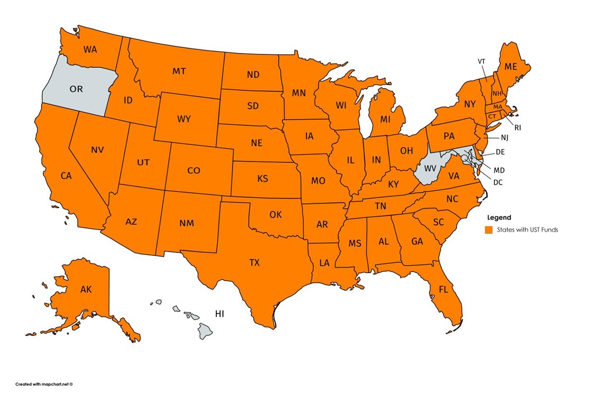 Map US States all orange except for Oregon, Hawaii, Maryland, West Virginia, and DC are in gray.
