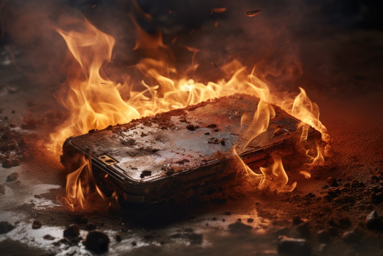 a phone engulfed in flames