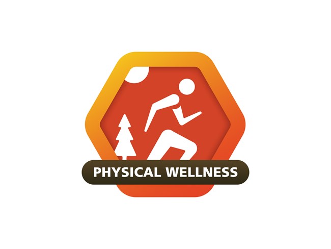 Physical Wellness Badge, symbol of a person moving with a tree to the left and a sun above