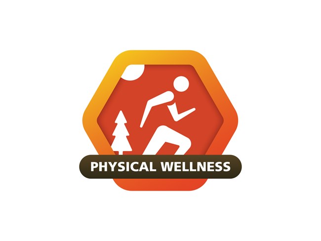 Physical Wellness Badge Physical Wellness Badge, symbol of a person moving with a tree to the left and a sun above
