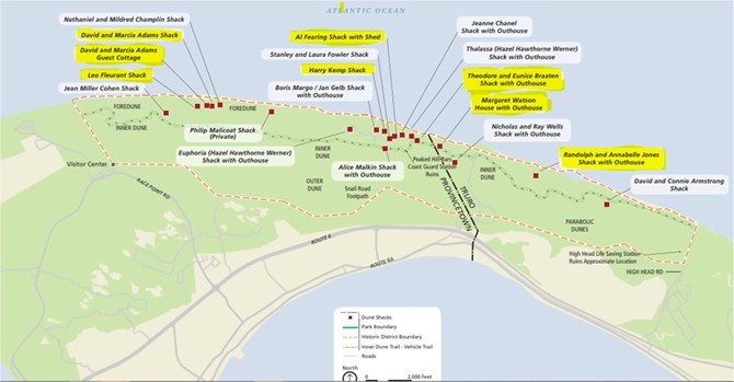 Map of highlighted dune shack locations.