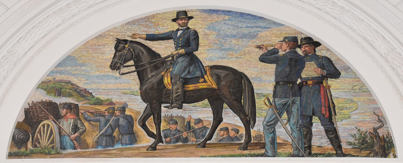 Mosaic Art of the Battle of Vicksburg Mosaic tile artwork of a man on a horse pointing to his left, while two men standing next to him hold a piece of paper and a telescope