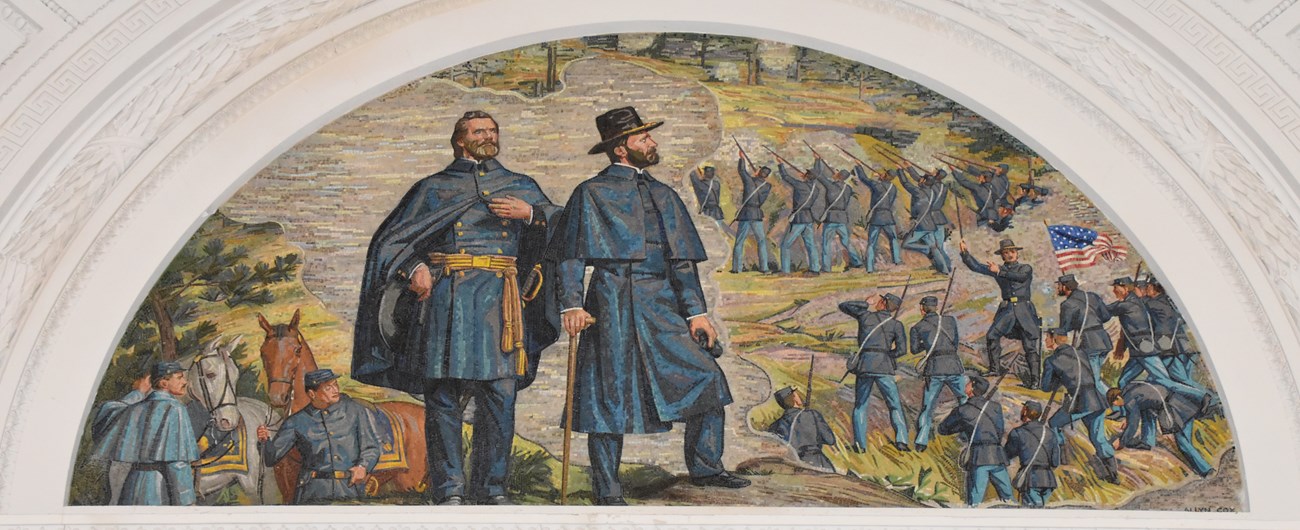 Mosaic Art of the Battle of Chattanooga Mosaic art of two men in blue uniforms looking off into the distance, while in the background soldiers have their guns aimed up a large hill