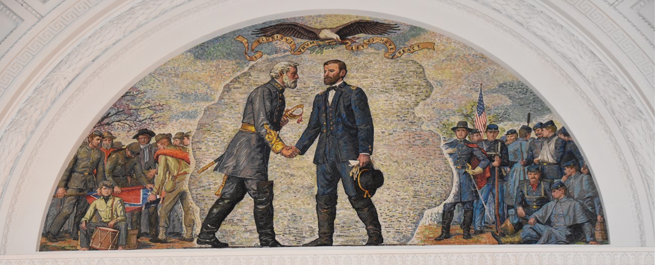 Mosaic Art of Appomattox Mosaic art of two men shaking hands in different military uniforms, while a group of men holding different flags are behind each of them