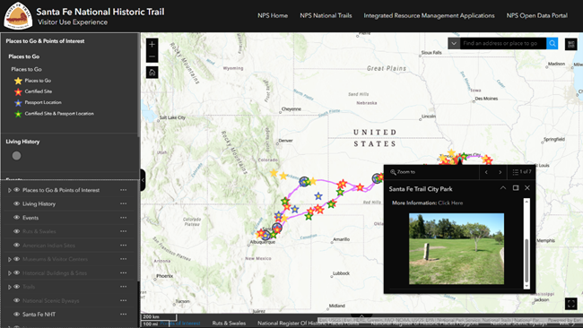 A screenshot of a GIS map that is displaying recreation spots along a line reprensenting the trail.