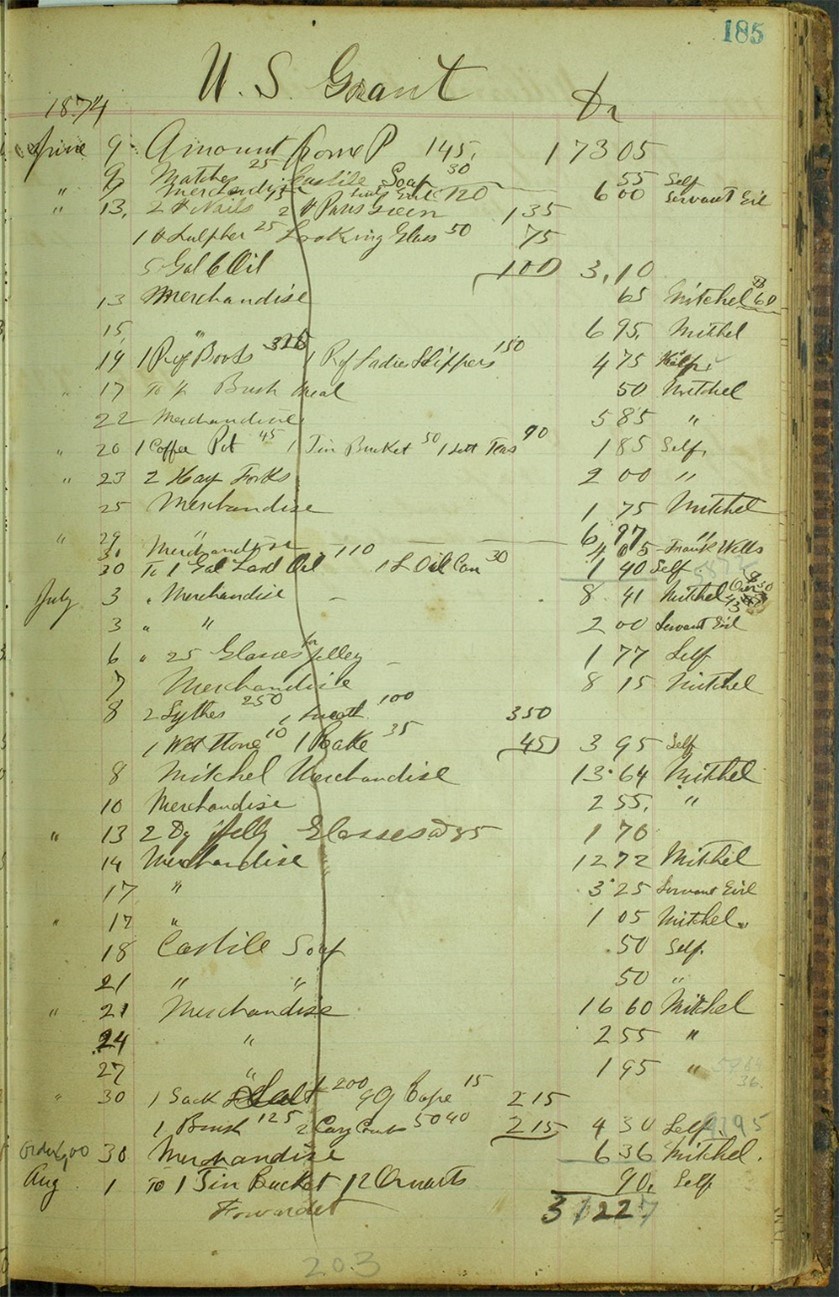 Jacob Wohlschlaeger’s ledger book noting the purchase of Paris Green paint  for the White Haven estate, June 13, 1874