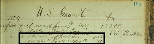 Highlighted section noting Ulysses S. Grant’s purchase of nails, Paris Green paint, Sulphur, and looking glass from Jacob Wohlschlaeger’s Store in St. Louis, Missouri, June 13, 1874